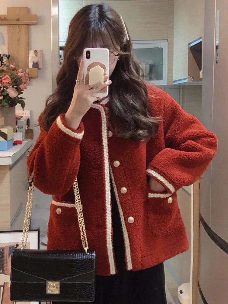 Red Faux Lamb Sweet Coat Women Korean Long Sleeve Winter Warm Jacket Vintage Casual O Neck Elegant Pearls Buttons Cute Tops voguable
