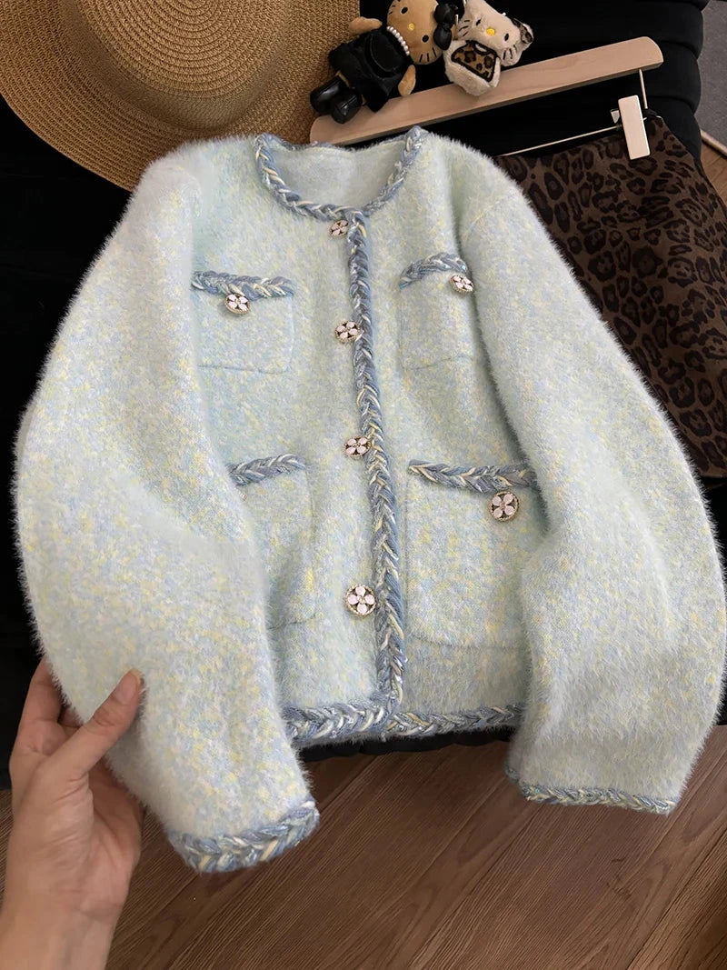 Faux Mink Cashmere Cardigan Coat Women Loose Sweet Long Sleeve Korean Knitted Jacket Sweater Fall Winter O Neck Cute Fashion Top voguable