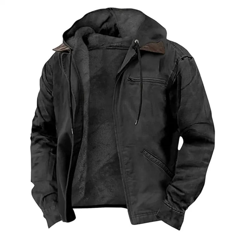 Winter New Men Casual Jackets Hooded Zipper Pocket Fashion Solid Color Fleece Warm Outerwear Male Outdoor Hooded Hoodie Coats voguable