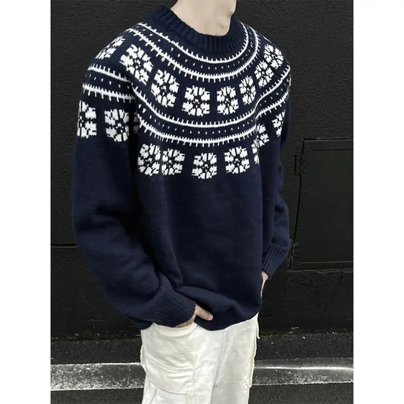 Vintage Navy Blue Sweater Jacquard O-Neck Knit Pullover New Autumn Winter Loose Couple Knitted Sweater Tops Aesthetic Streetwear voguable