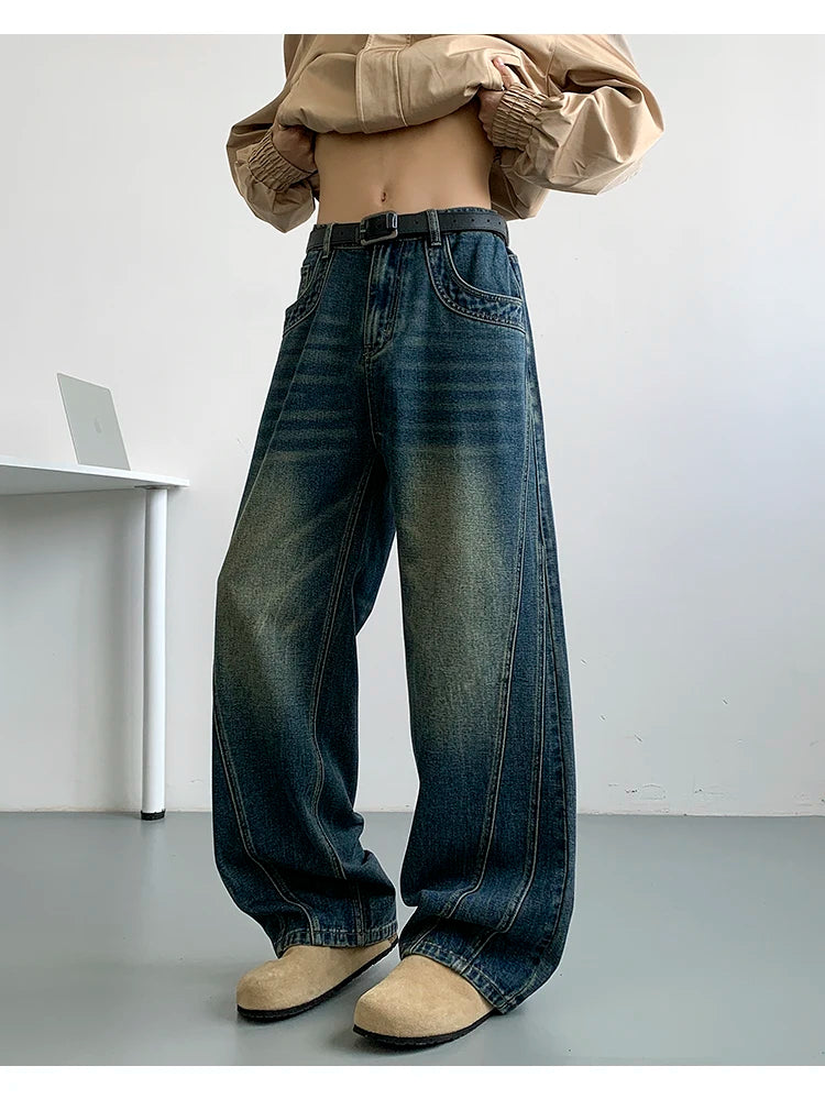 Winter Nostalgic Blue Jeans Men Chic Patchwork Loose Casual Denim Pants Wide Leg Male Straight Mopping Trouser Streetwear voguable