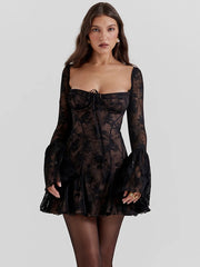 Elegant Backless Long Flare Sleeve Print Mini Dress Women Fashion square collar A-line Pleated Club Party Sexy Dress voguable
