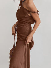 Slanted Shoulder Fashion Long Dress 100% Cotton Sleeveless Brown Retro Women Dress 2025 New Casual Vacation Summer Dresses voguable