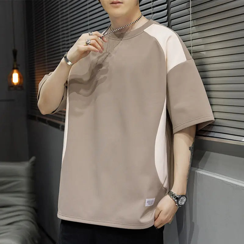 Voguable  Contrasted Color Splicing Short-sleeved T-shirt Men's Summer Two-piece Casual Loose Round Neck Pullover voguable
