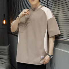 Voguable  Contrasted Color Splicing Short-sleeved T-shirt Men's Summer Two-piece Casual Loose Round Neck Pullover voguable