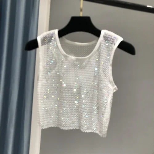 Voguable  Hot Girl Y2k Small Vest Summer New H Vest with Short Vest and Shiny Women's Round Neck Top voguable