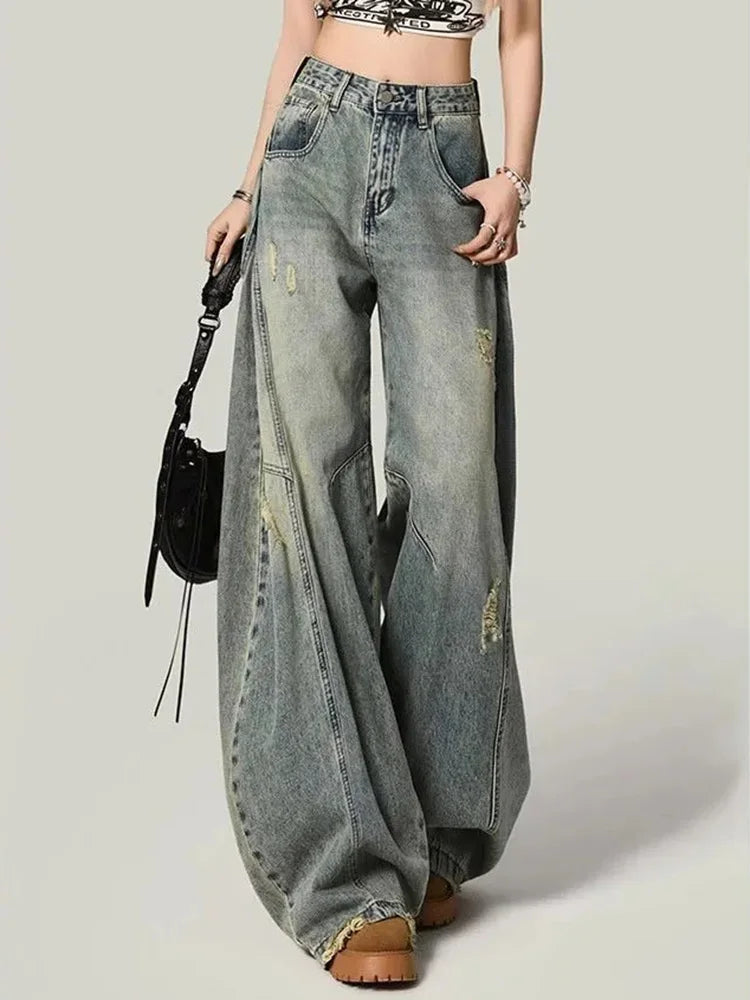 Women Y2K Hole Jeans Streetwear American Retro High Waist Loose Denim Pants Casual Hip Hop Vintage Pockets Lady Gothic Trousers voguable