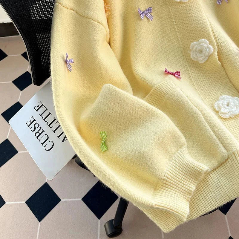 3D Floral Sweet Bow Cardigan Sweaters Women Preppy Style Loose V Neck Korean Knitted Jacket Casual Fashion Long Sleeve Fall Tops voguable