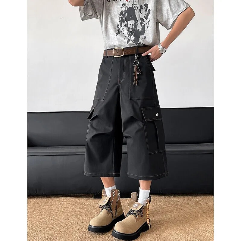 Summer Casual Pants Men Retro Pocket Cargo Pants Men Japanese Streetwear Hip-hop Loose Wide Leg Pants Mens Cropped Trousers voguable