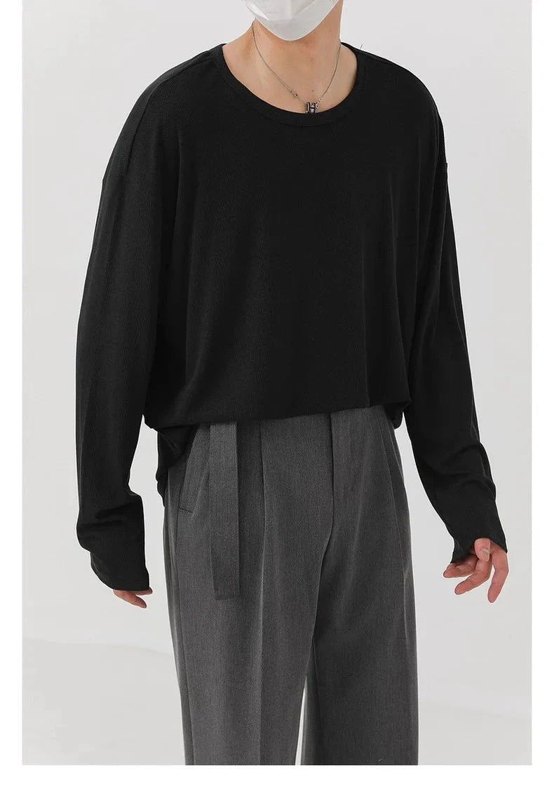 Korean Fashion Men T-shirt Luxury Knitted Solid Color Scoop Neck Long Sleeve Tees Casual Premium Quality Textured Knitwear M-3XL voguable