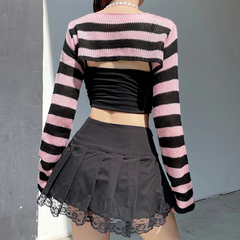 Voguable y2k Pink And Black Contrast Color Super-short Sweater Pullovers Dark Academia Cute Knitted Smock Tops Kawaii Jumper New voguable