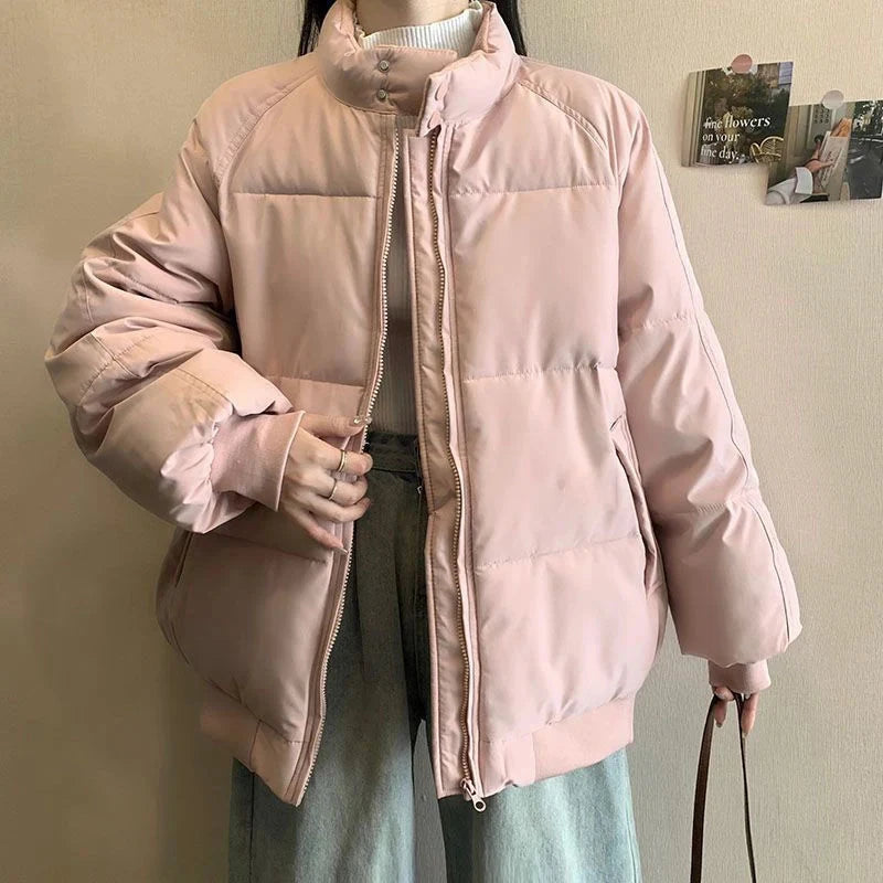 Preppy Style Sweet Pink Parkas Women Vintage Long Sleeve Winter Thick Warm Cotton Jacket Casual Stand Collar Loose Outwear voguable