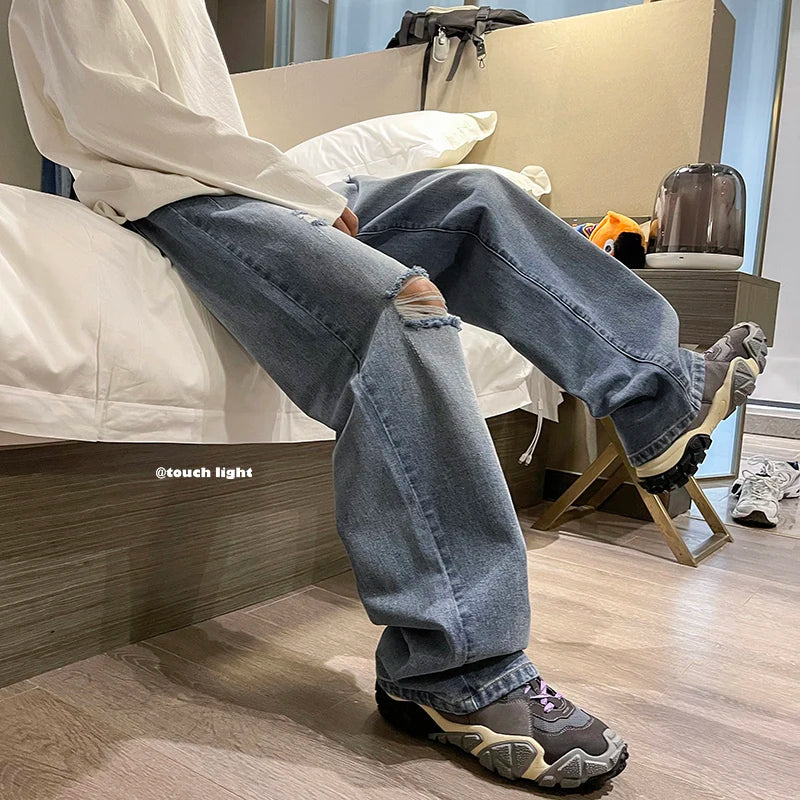 Men's Denim Pant Stretch Ripped Hole Straight Jeans For Men High Street Biker Trousers gotmes-shop
