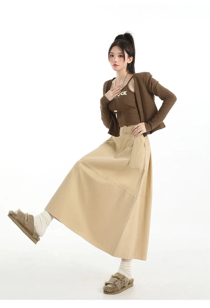 Retro Belt Long Skirt Women Casual Sweet High Waist A Line Skirts Preppy Style Fall Winter Lady Korean Vintage Long Skirts voguable