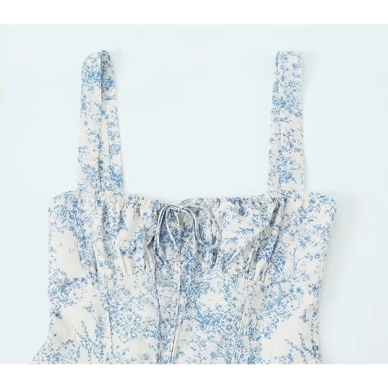 New Women French Style Floral Print Sling Short Dress Lace Up Bandage Back A-line  Summer Dress Holiday Robe voguable