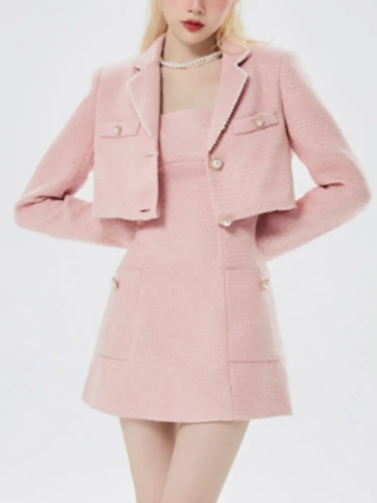 Pink Korean Style Two Piece Set Women Kawaii Sweet Party Mini Dress Set Female Long Sleeve Coat + Elegant Strap Dress Suit