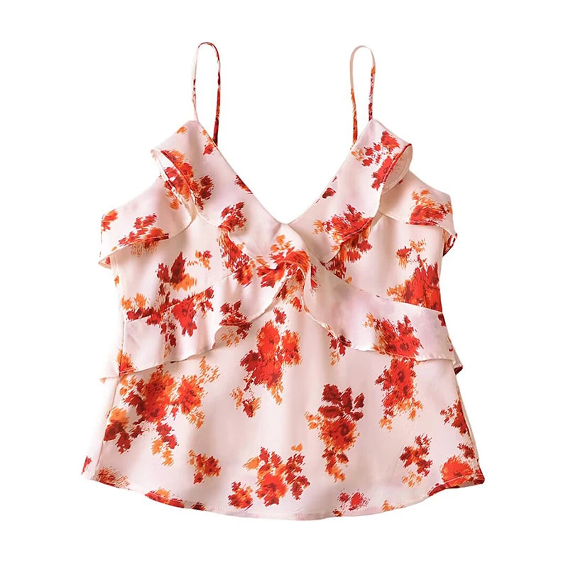 Voguable  French Style Floral Print Ruffle Camis Women Sexy Sleeveless V Neck Summer Crop Top voguable