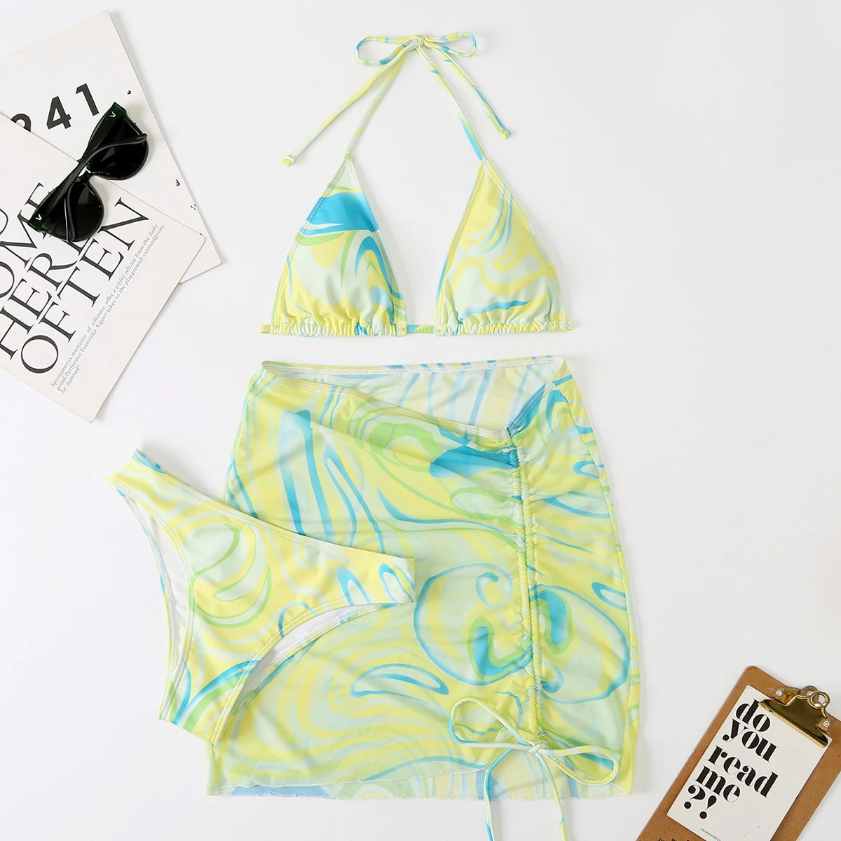 Voguable  3 Pieces Bikini Set With Skirt  Tie Dye String Thong Bathing Suit Women Swimsuit Female  Swimwear Beach Wear Swim Lady Summer voguable