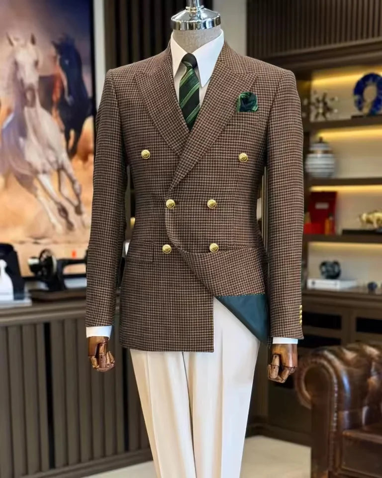 Voguable  Black Men's Suit Jacket Houndstooth Peak Lapel Double Breasted Business Regular Fit Blazer Man plus size voguable