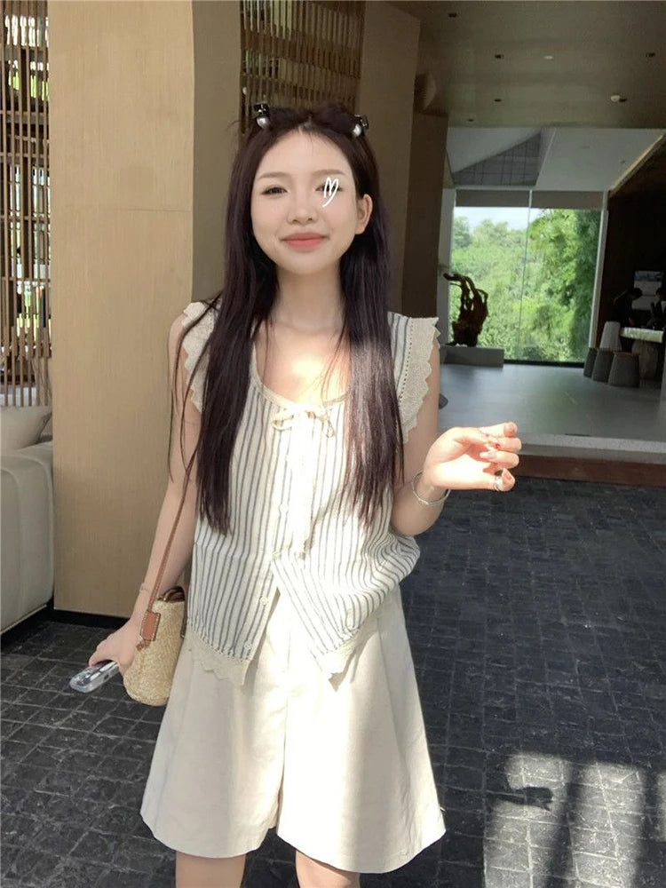 Striped Women Shirts Summer Lace Patchwork Loose Lace Up Casual Tops Korean Chic O Neck Sleeveless Button Blouse New voguable