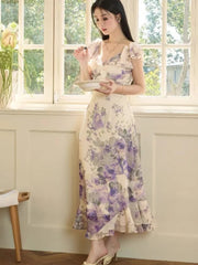 Summer 2025 New Vingeta Printing Dress For Woman Slash-Neck Ruffles Slim Waist Long Dresses Sexy Fashion Holiday Casual Vestidos voguable