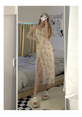 Voguable  Summer Floral Sleeveless Midi Dress Elegant Sexy French Vintage Strap Dress Woman Party One Piece Dress Korean voguable
