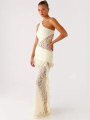 One Shoulder Backless Sexy Maxi Dress Women Lace Patchwork Fashion Sleeveless Lace-up Draped Ruffle Club Long Dress voguable