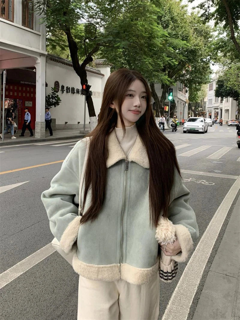 Faux Suede Lamb Jackets Women Winter Warm Thick Sweet Cute Short Coat Korean Vintage Loose Long Sleeve Preppy Style Tops voguable