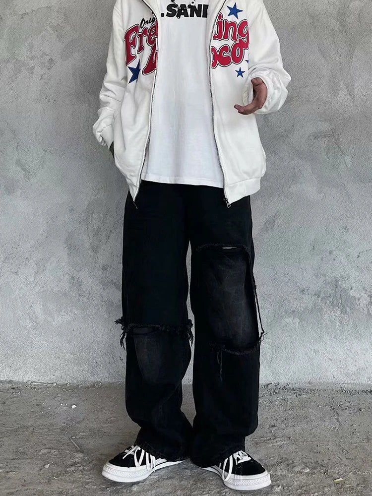 Voguable Ripped Jeans for Men Wide Leg Jeans Hip Hop Denim Trousers Male Vintage Japanese Streetwear Hole Patchwork voguable
