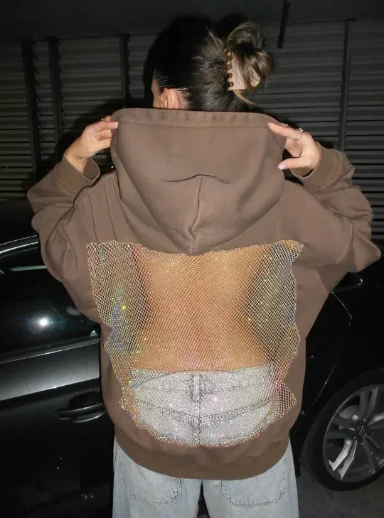 Voguable  Y2K American Gothic Mesh Hoodie Women Sexy Translucent Pullover Long Sleeve Classic Casual Sweatshirt Jacket voguable