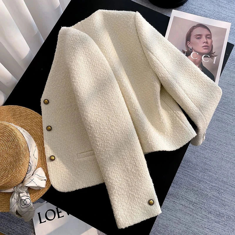 Slim Elegant Tweed Jacket Women Vintage Long Sleeve Sweet Short Coat French Casual Vintage Lady V Neck Single Breasted Tops voguable