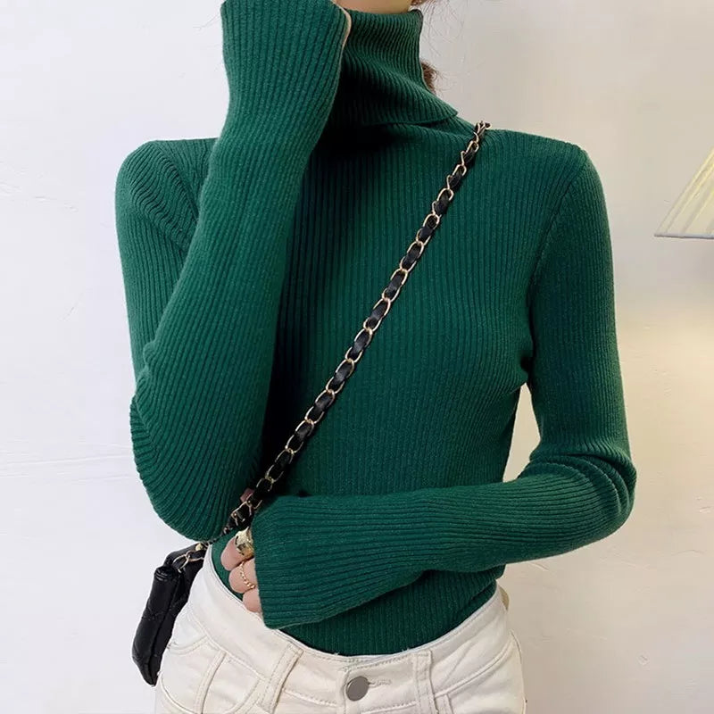 Elegant Solid Basic Knitted Tops Women Turtlneck Sweater Long Sleeve Casual Slim Pullover Korean Fashion Simple Chic Clothes voguable