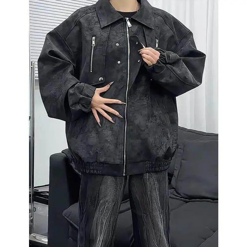 Mens Loose Fit Streetwear Jacket Hip hop Dance Lapel Collar Spring Fashion Trendy Youth Urban Outerwear Stylish Coat voguable