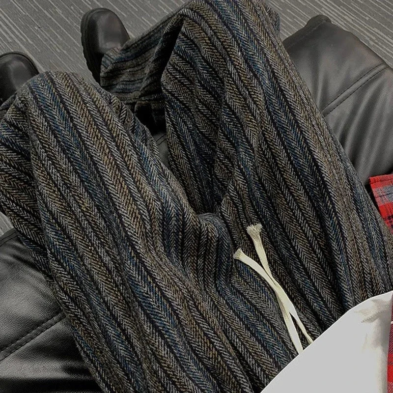 Voguable  All Match Thick Loose Straight Leg Pants with Autumn and Winter Stripes Woolen Drape Casual Casual Pants Men's Retro Pants voguable