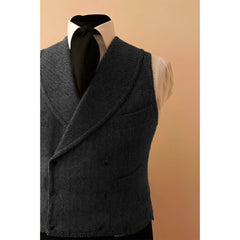 Shawl Lapel Men's Leather Vest Male Dress Casual Herringbone Tweed Double Breasted Sleeveless Jacket Vests for Men Dress Up voguable