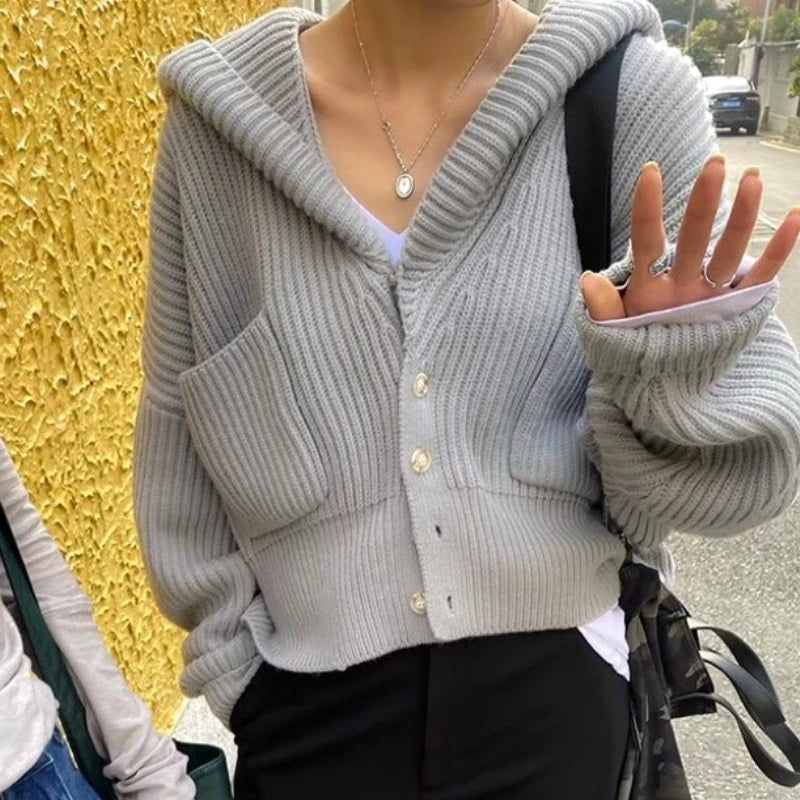 Women's Hooded Cardigan Button Up with Pocket Knitted Sweater Hoodie Slouchy Knitwear Fall Winter Casual Chic Outfit voguable