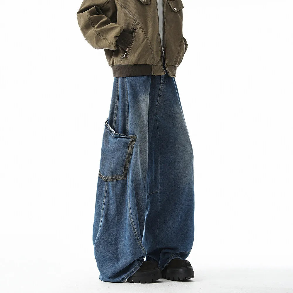 Men Washed Loose Wide Leg Jeans Patchwork Side Pockets Streetwear Casual Denim Pants Fashion Trendy Comfort Vintage Distressed voguable