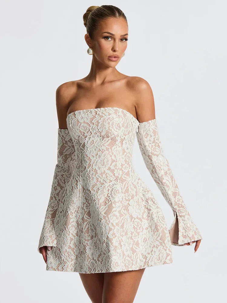 Lace Off-shoulder Backless Sexy Mini Dress Women Elegant Strapless Long Sleeve High Waist A-line Club Party Dress New voguable