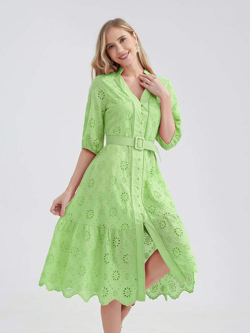 Cotton Hollow Out Summer Dress Women Holiday Perppy Casual High Waist Ruffled Mini V-Neck Dresses A-line Frills Vestido voguable