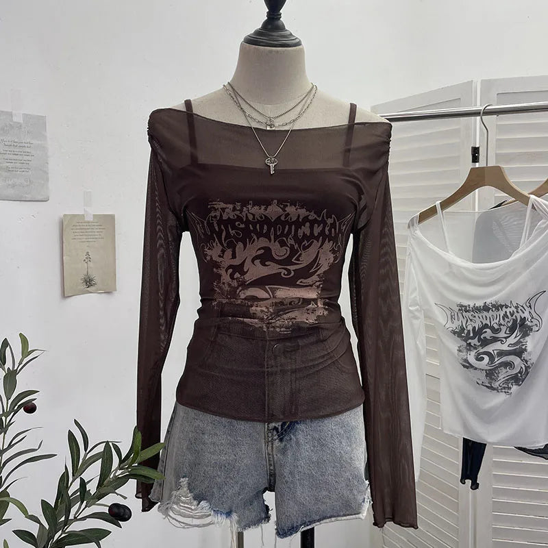 Sexy Slash Neck Mesh Sunscreen T Shirt Y2K Streetwear Print Long Sleeve Patchwork Camis Suit Fashion Folds Slim All Match Tees voguable