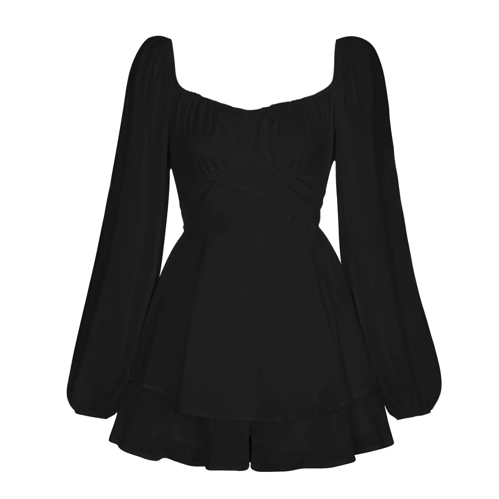 Women's Autumn Ruffled Dresses White Mini Dresses Square Neck Lantern Sleeve Long Sleeve Flounced Edge Casual Dress Female
