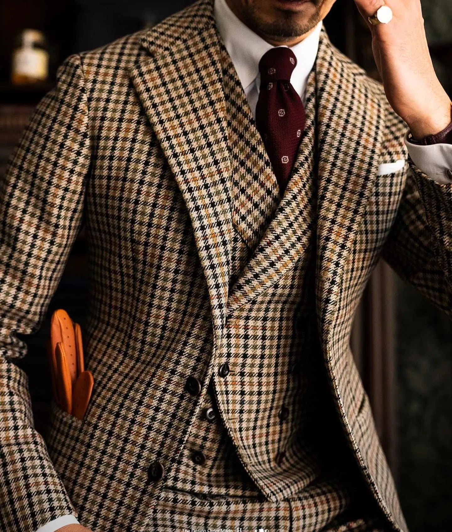 Burgundy Black Green 3 Color Small Square Thousand Bird Man‘s Suit Set Outfit Notch Lapel Blazer Trousers 3pcs Jacket Pants Vest voguable