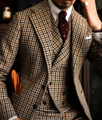 Burgundy Black Green 3 Color Small Square Thousand Bird Man‘s Suit Set Outfit Notch Lapel Blazer Trousers 3pcs Jacket Pants Vest voguable
