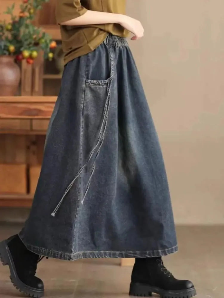 Voguable  High Waist Cotton Denim Skirt Women's Spring Autumn New Fashion Loose Elastic Waist Joker Long A Jeans Skirt Street Clothes voguable