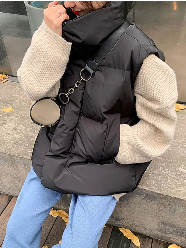 Voguable Korean Chic Thick Puffy Vest Women Winter Warm Streetwear Parkas Jacket Simple Loose Zipper Casual Cotton Down Solid Vest voguable
