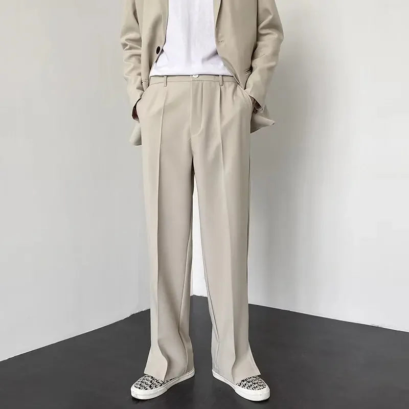 Men Straight Casual Pants  Summer New Korean Style Baggy Personality Slit Wide Leg Blazer Pants Trousers Male Streetwear voguable