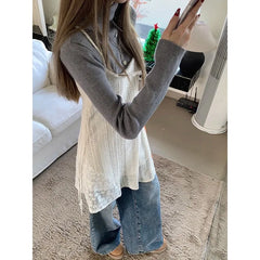 Voguable 2024 Spring New Korean Hollow Loose Casual Asymmetric Lace Sling Dress Women + Solid Color Long-sleeved T-shirt Two-piece Suit voguable