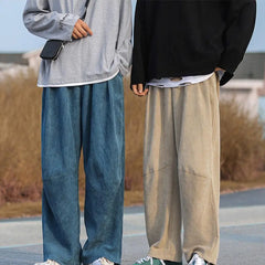 Autumn Men Pants Solid Color Wide Leg Elastic Waist Loose Straight Corduroy Trousers Relaxed Fit Corduroy Pants for Jogging voguable