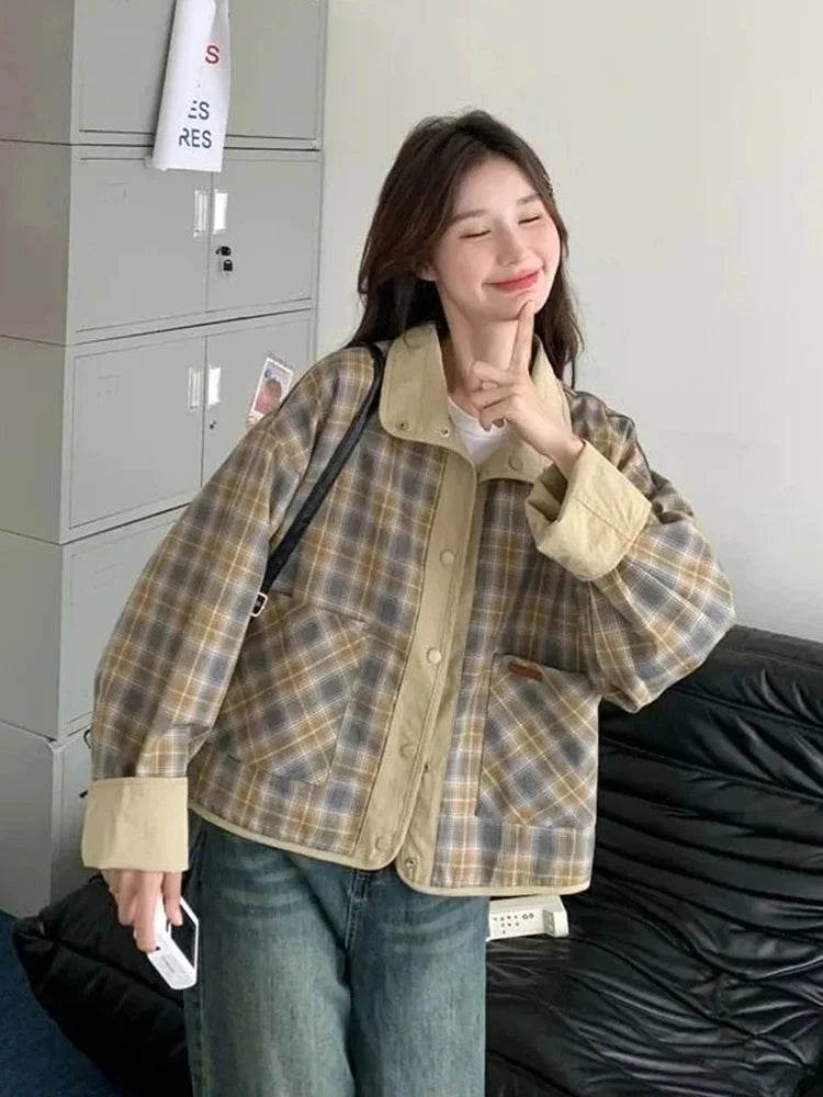 Vintage Plaid Cargo Jacket Women Retro Double Sided Wear Preppy Style Sweet Coat Korean Fall Winter Long Sleeve Pockets Top voguable