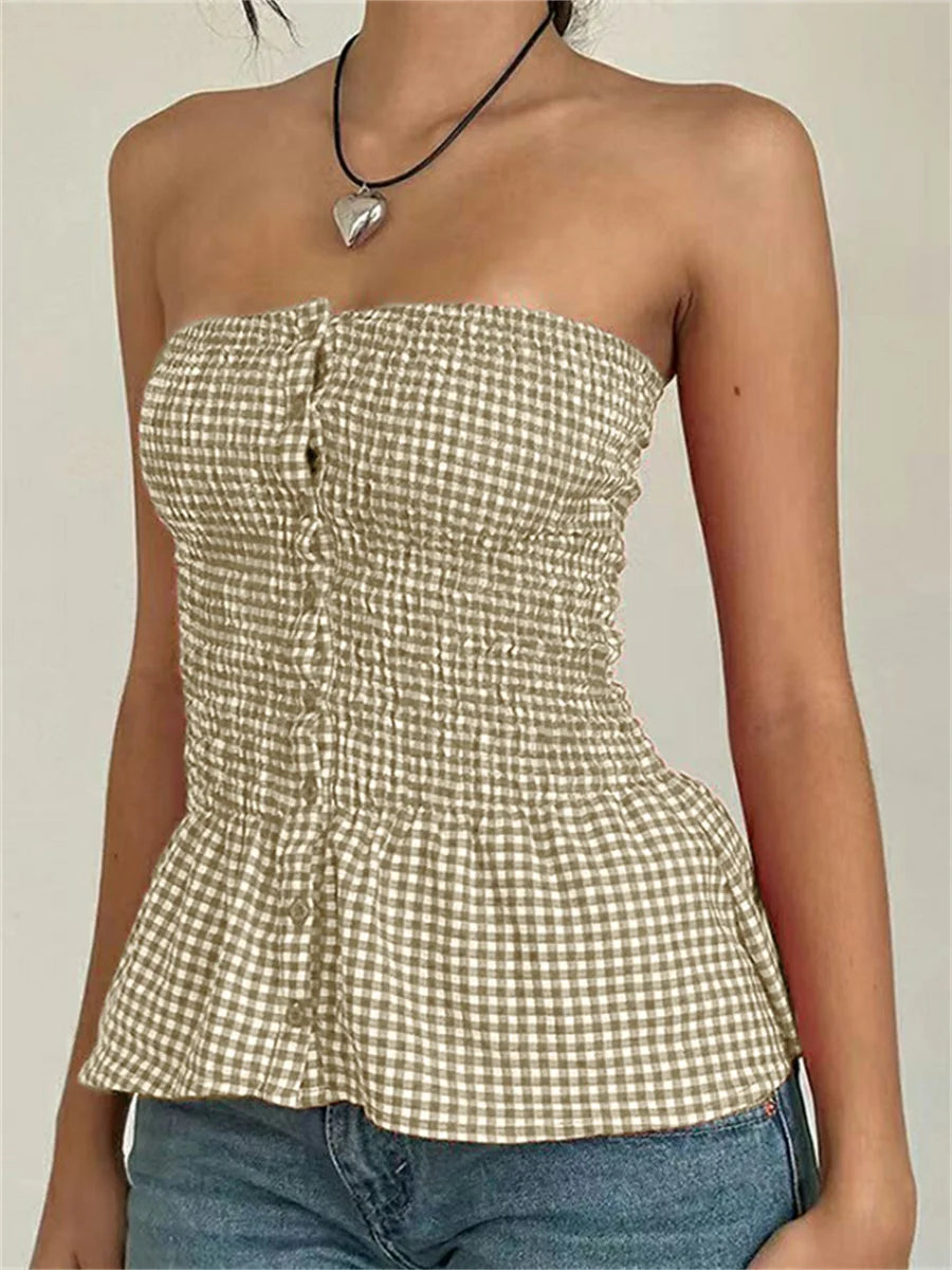 Y2k Red Gingham Crop Top Womean Sexy Strapless Ruffle Hem Sleeveless Button Cami Coquette Aesthetic Plaid Print Crop Top Summer voguable